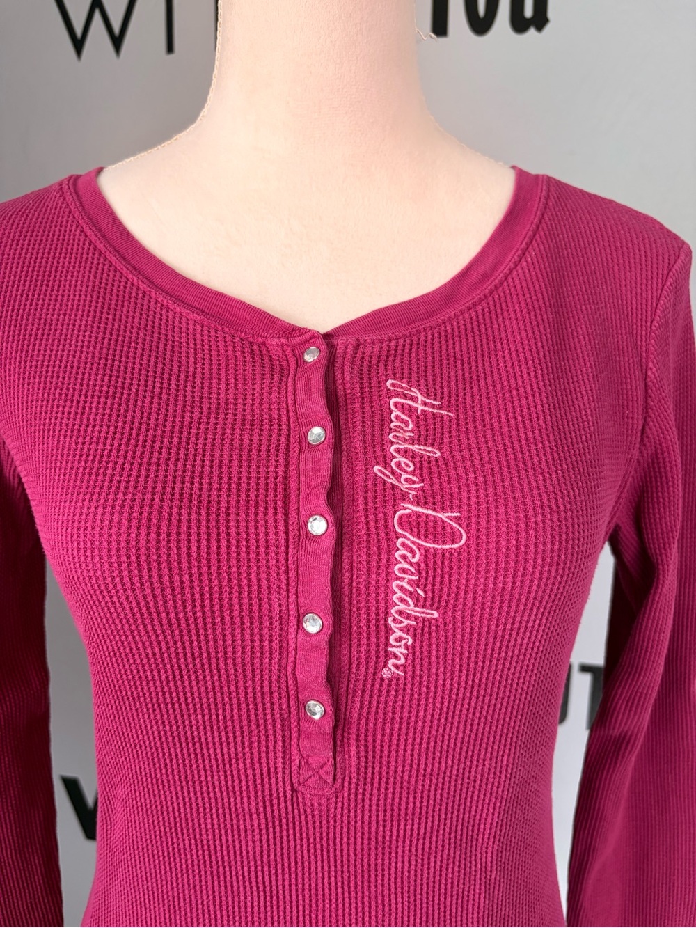 EUC Harley-Davidson Berry Pink Long Sleeve Henley with Embroidered Script